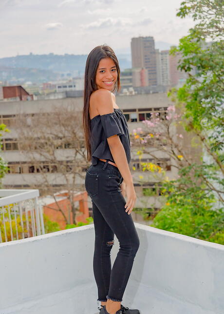 Gracile latina brunette youthful Karin Torres exposing tiny tits and jerking off outside