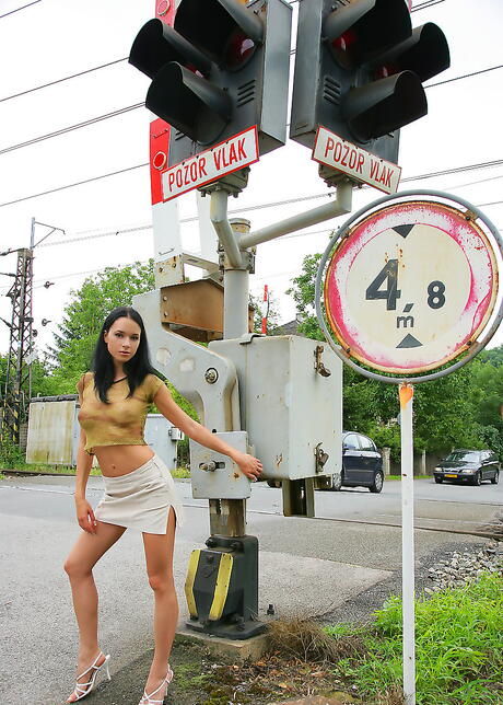 Facinating brunette hottie Gwen A in skirt exhibiting big boobies and vagina outdoor